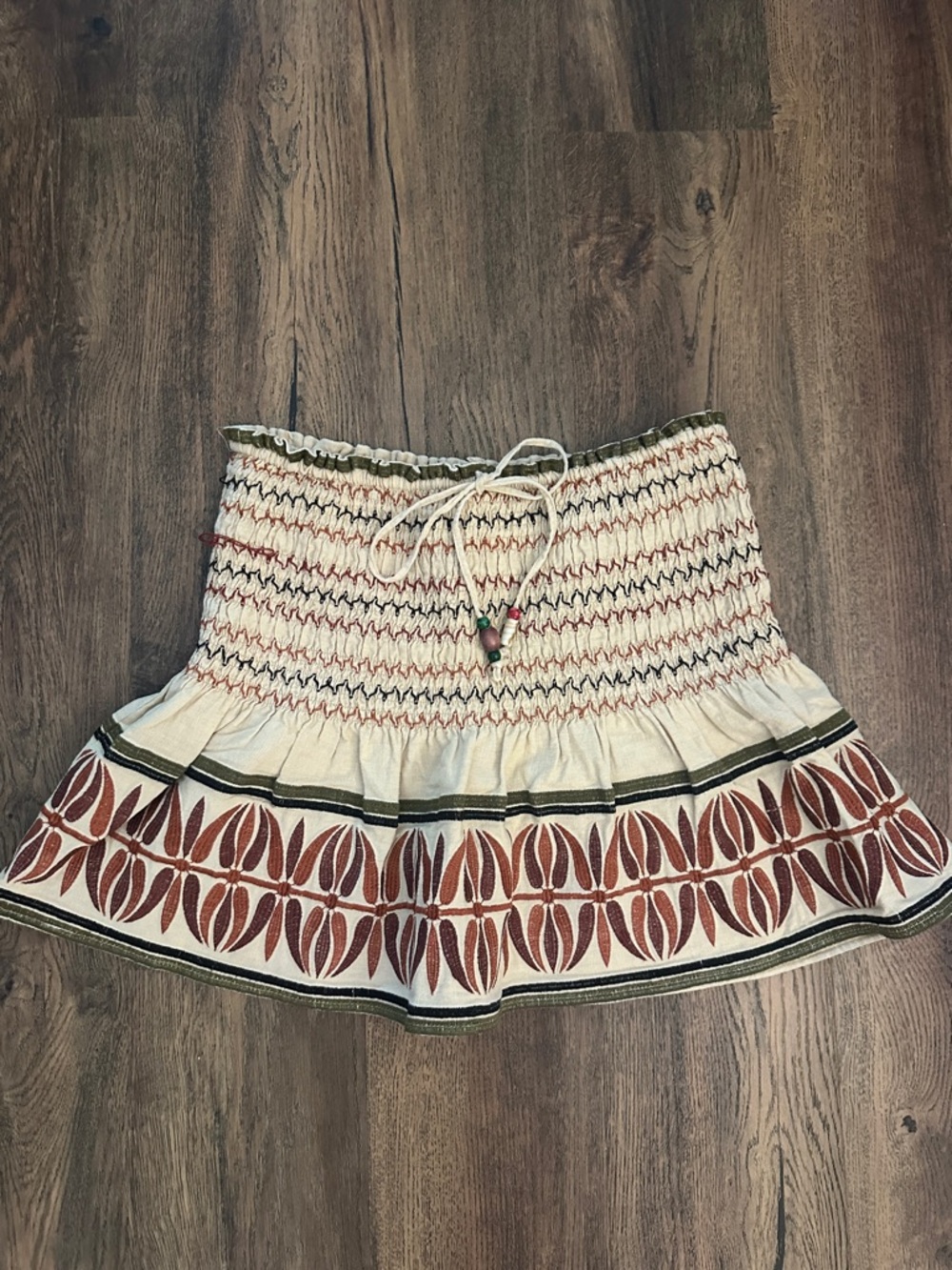 Zara Linen Blend Beaded Embroidered Tan Ruffled Hem Mini Skirt Size Medium